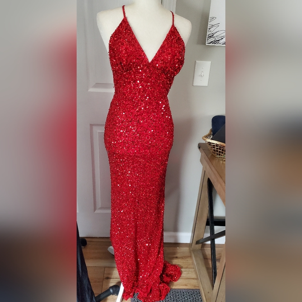 Red Sequin Spaghetti-Strap Evening Dress